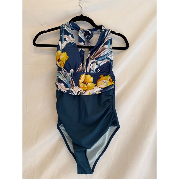 Cupshe Other - Cupshe Womens Teal Blue Floral Ruched One Piece Halter Swimsuit NWT Size S